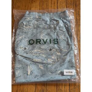 Orvis Ultralight Swim Shorts Mens XL Light Blue Fish Print Quick Dry Beach